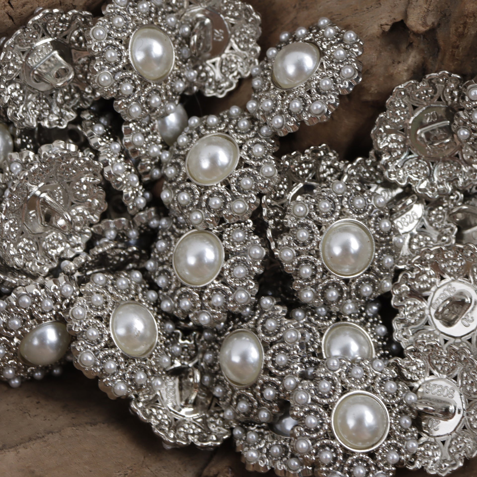 Silver pearl metal buttons, round center pearl with bead and rhinestone details
