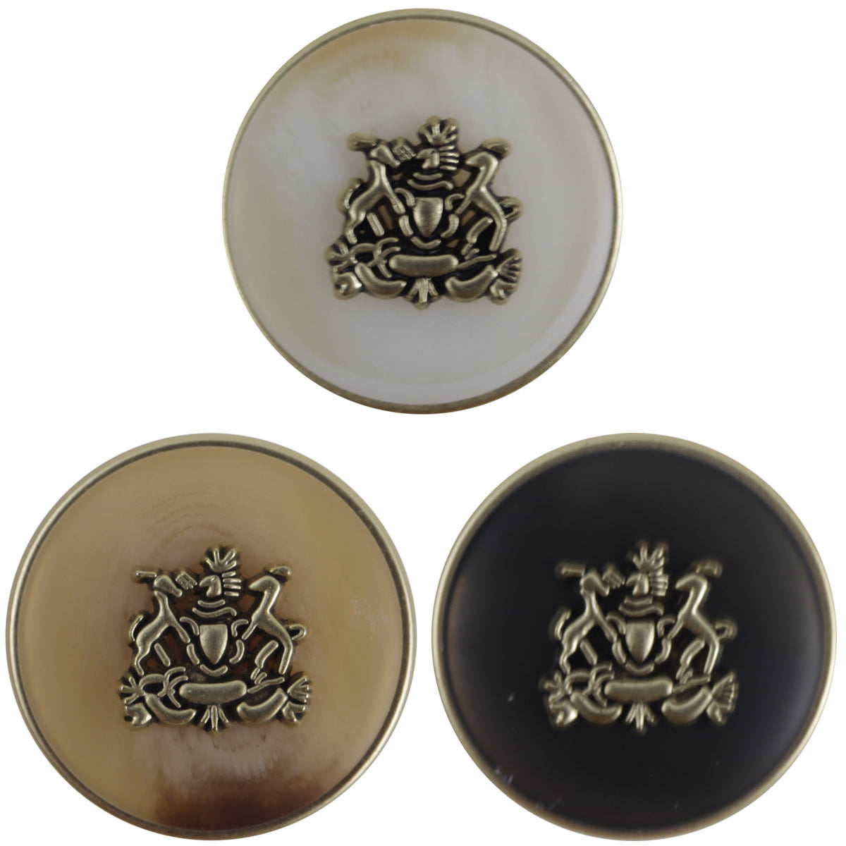White metal button with double lion crown crest and gold shank