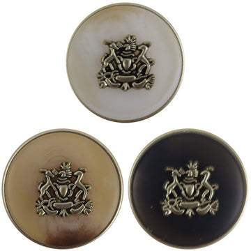White metal button with double lion crown crest and gold shank