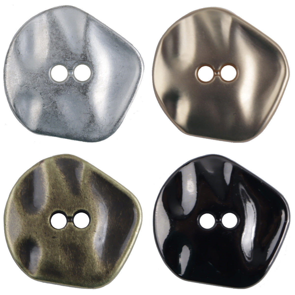 Irregular 2-hole zinc alloy coat buttons, silver, gold, bronze & black (10 pcs)