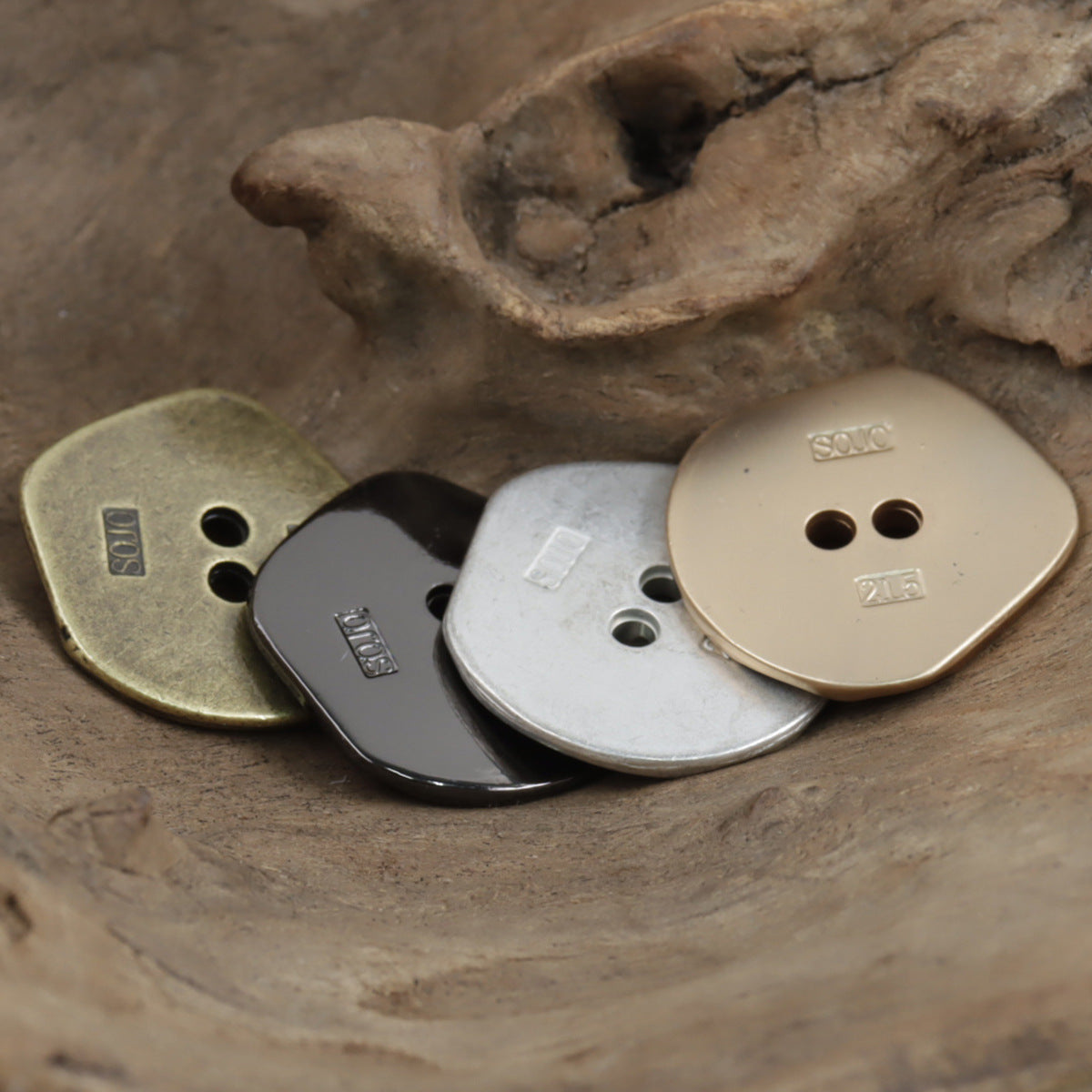 Irregular coat buttons, 2-hole, mixed metallic finishes—gold, silver, black & white (10 pcs)