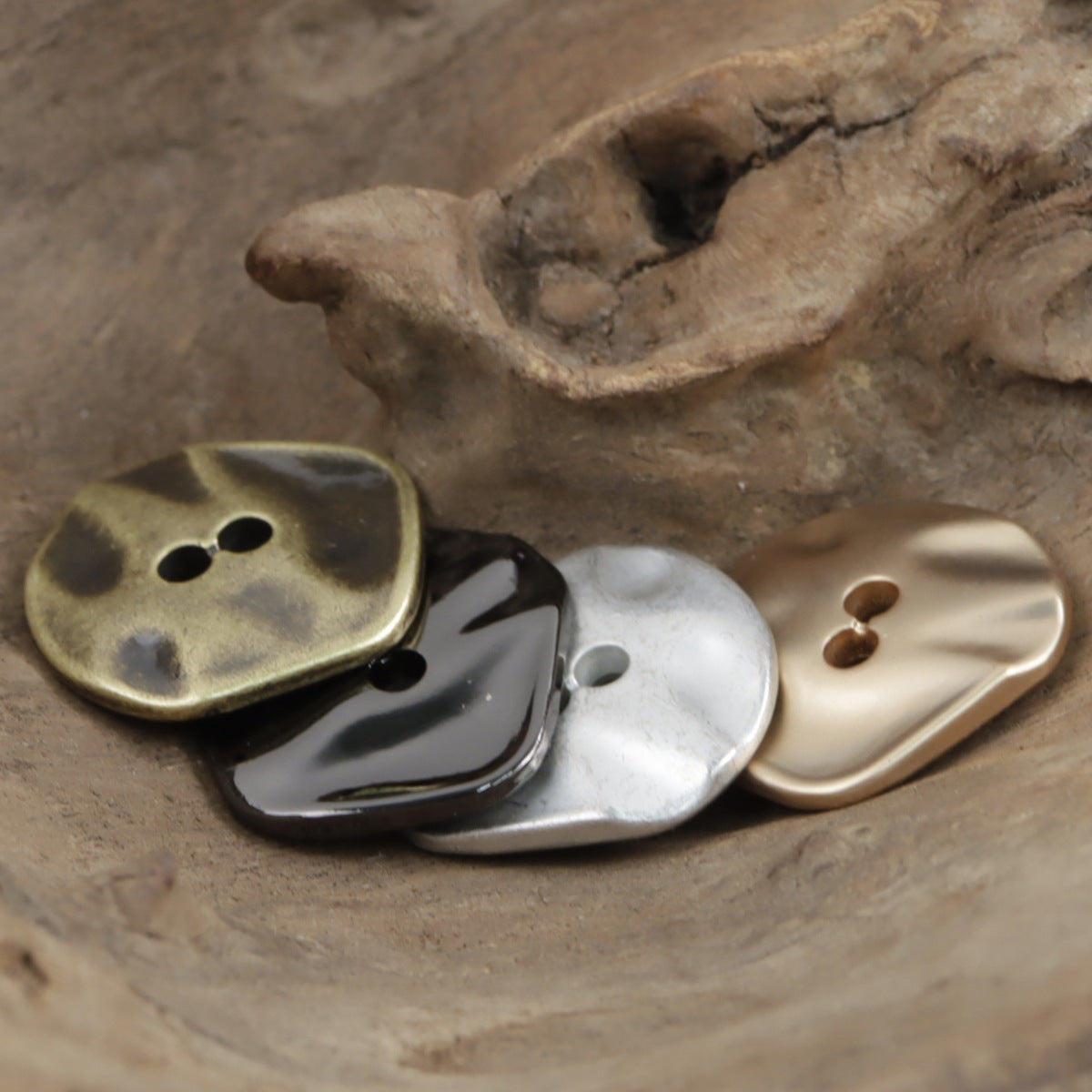 Irregular 2-hole coat buttons: bronze, glossy black, silver & antique gold, set of 10