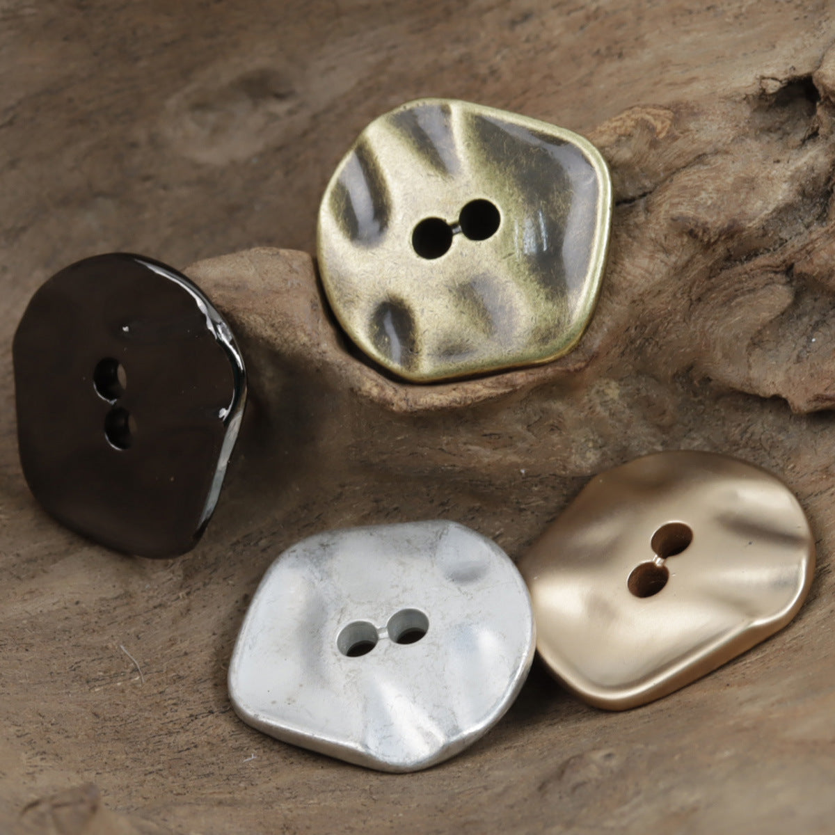 Irregular 2-hole coat buttons: black, antique gold, bronze & silver, set of 10