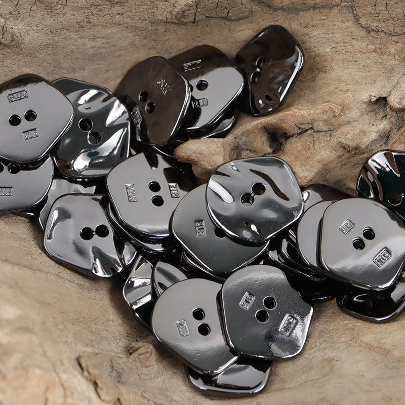 Black and silver irregular zinc alloy coat buttons, 2-hole, glossy finish (10 pcs)