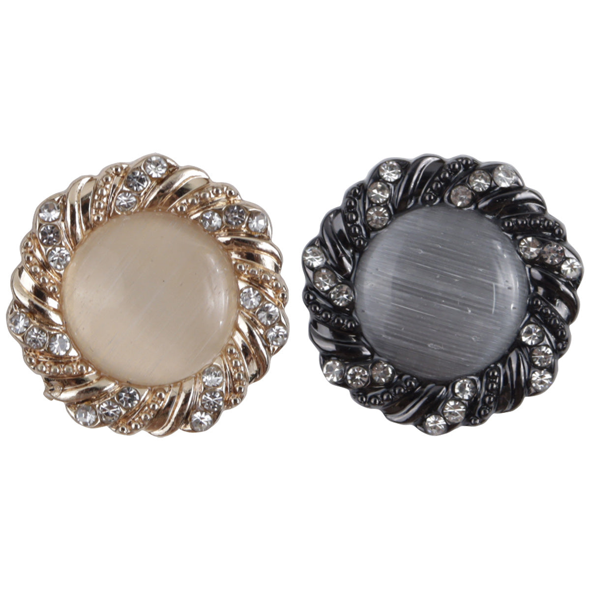 Zierknopf-Set: roségoldener Cabochon mit Strassrand, schwarz-metallischer Knopf mit Strassrand