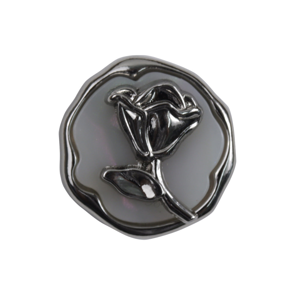 Silver rose decorative metal button with embossed floral rose design