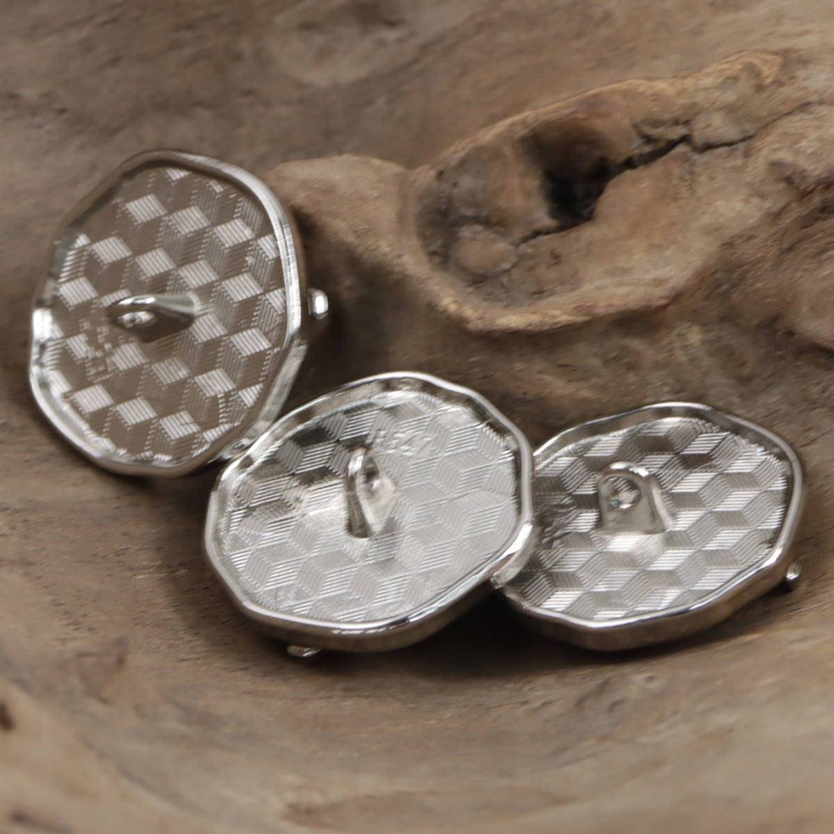 Silver rose decorative metal buttons, three textured round backs with shank posts