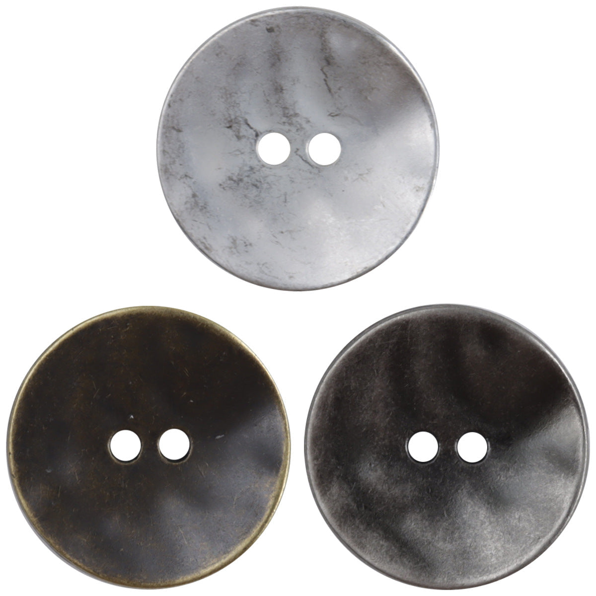 Matte round metal buttons with curved irregular edge, two holes; silver, 10-pack