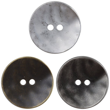 Matte round metal buttons with curved irregular edge, two holes; silver, 10-pack