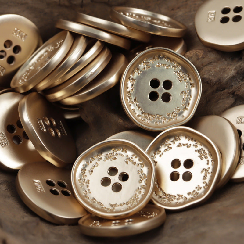 Assorted metal wheat spike buttons with 4 holes, decorative edges; 10 pcs