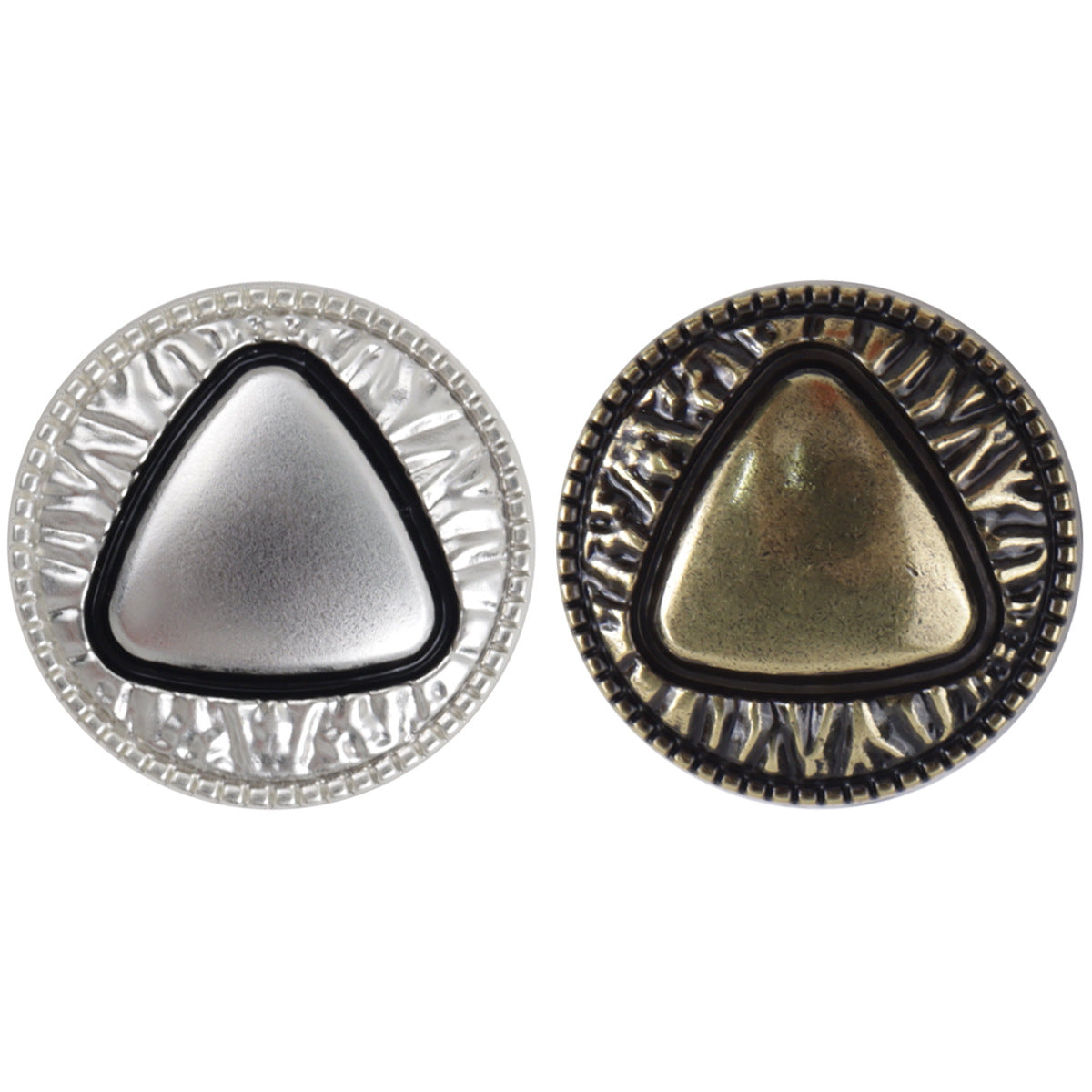 Triangle-pattern metal shank buttons, bronze and silver with decorative border