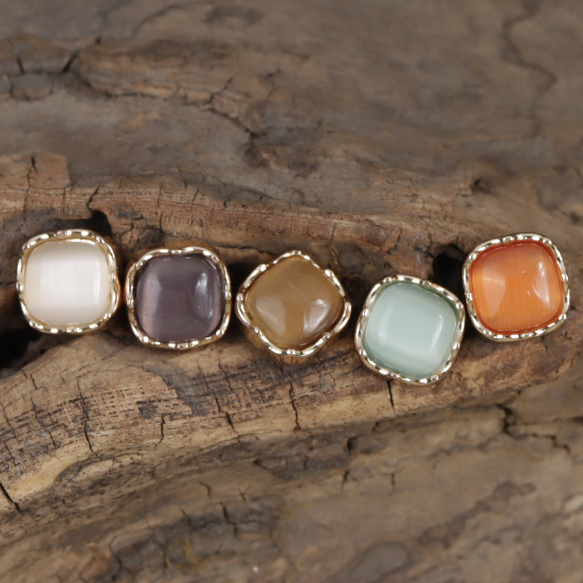 Square jade enamel buttons with metal rims: white, purple, beige, light green, orange