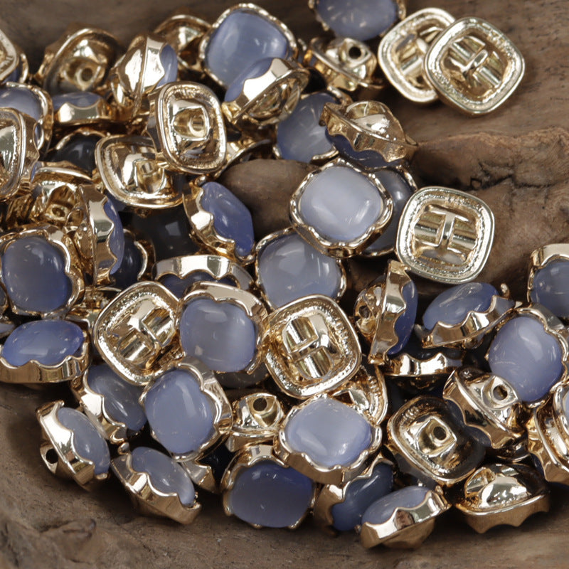 Light blue and lavender square jade buttons with silver metal rims