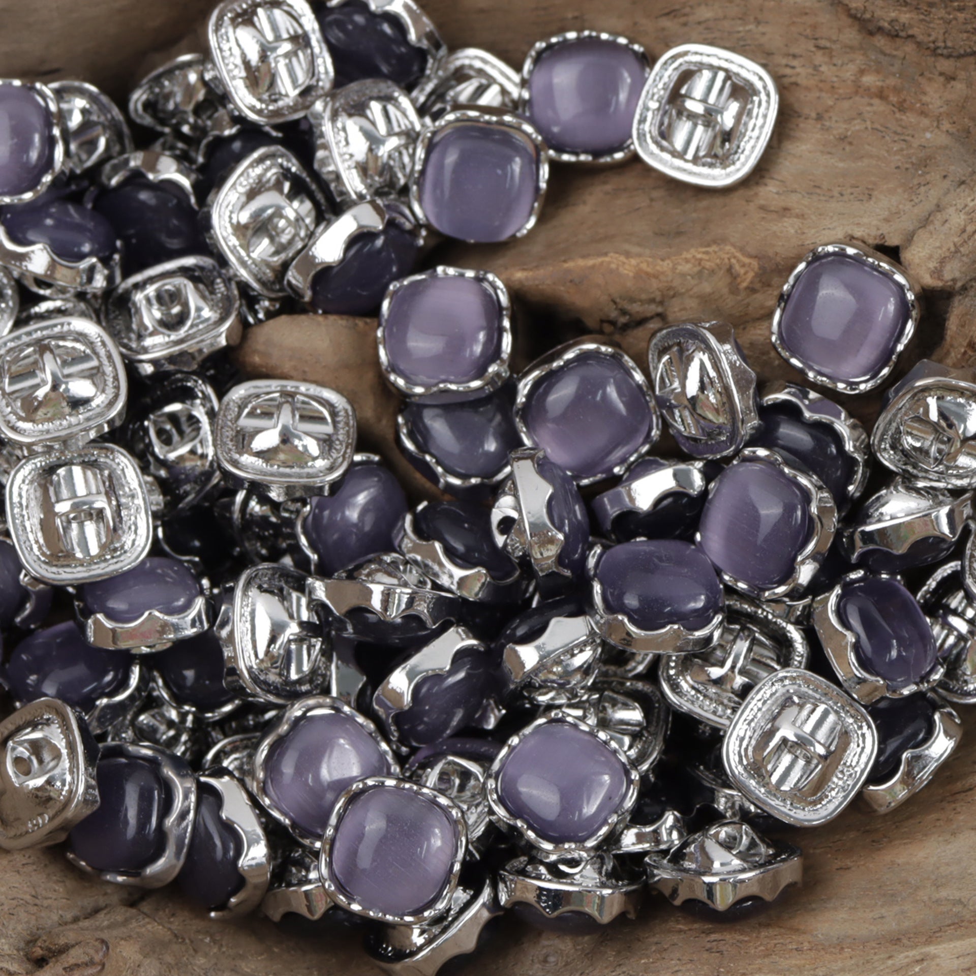 Purple square jade buttons with silver metal rims and glossy enamel fronts