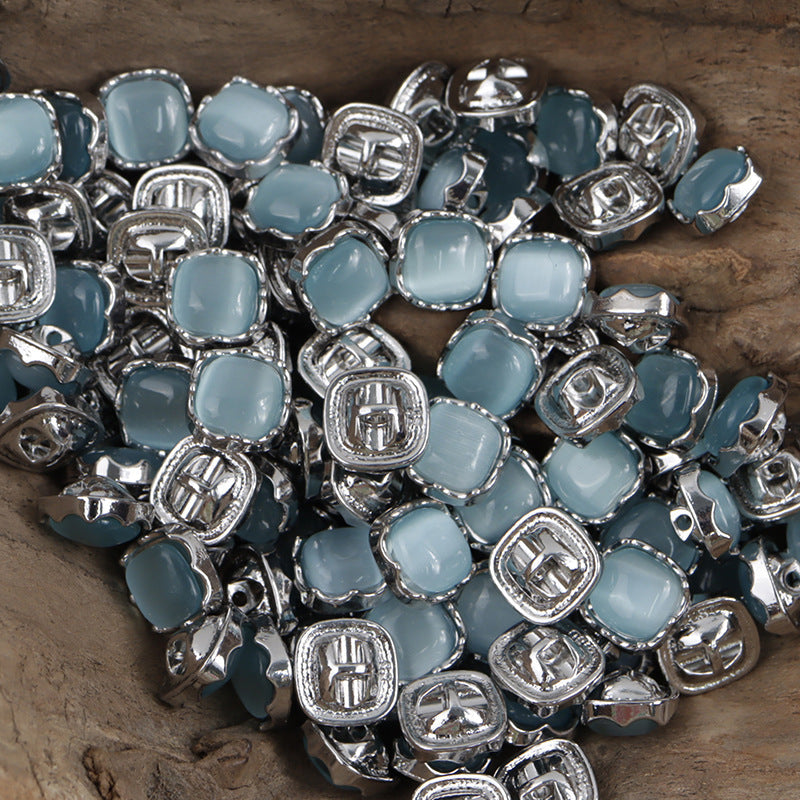 Aqua jade-colored metal shank buttons, square setting with loop backing, 10mm