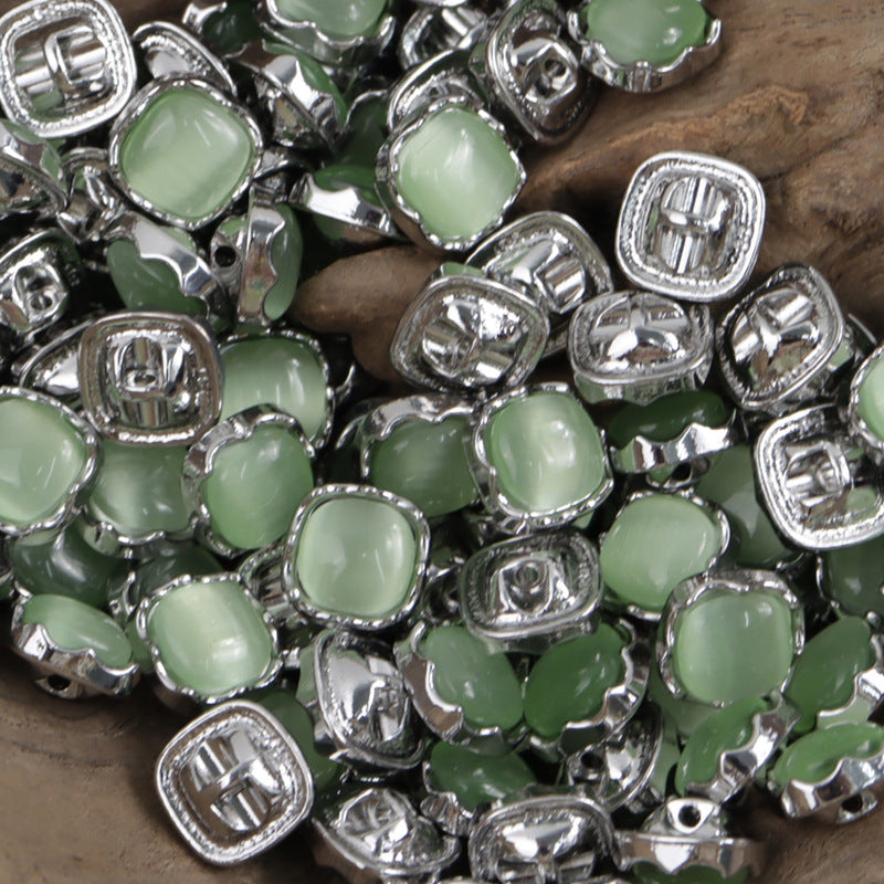 Light green jade-colored metal shank buttons, glossy square resin centers, 10mm