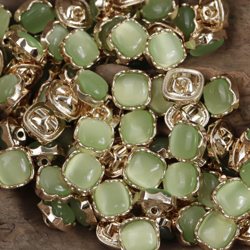 Pistachio green jade-colored metal shank buttons with square silver frames, 10mm