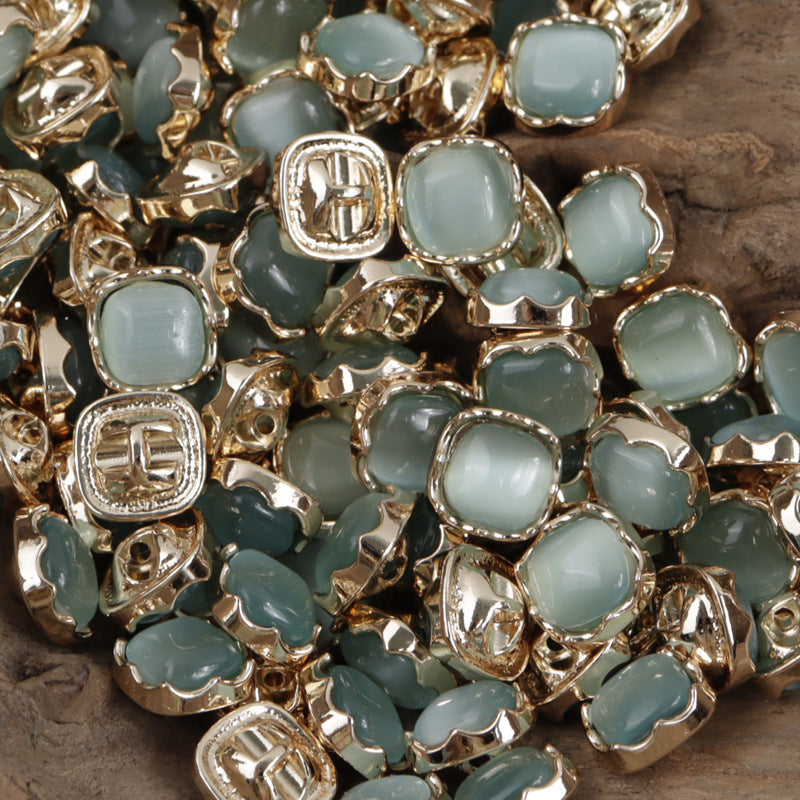 Light blue jade-colored metal shank buttons, round square metal trim, 10mm