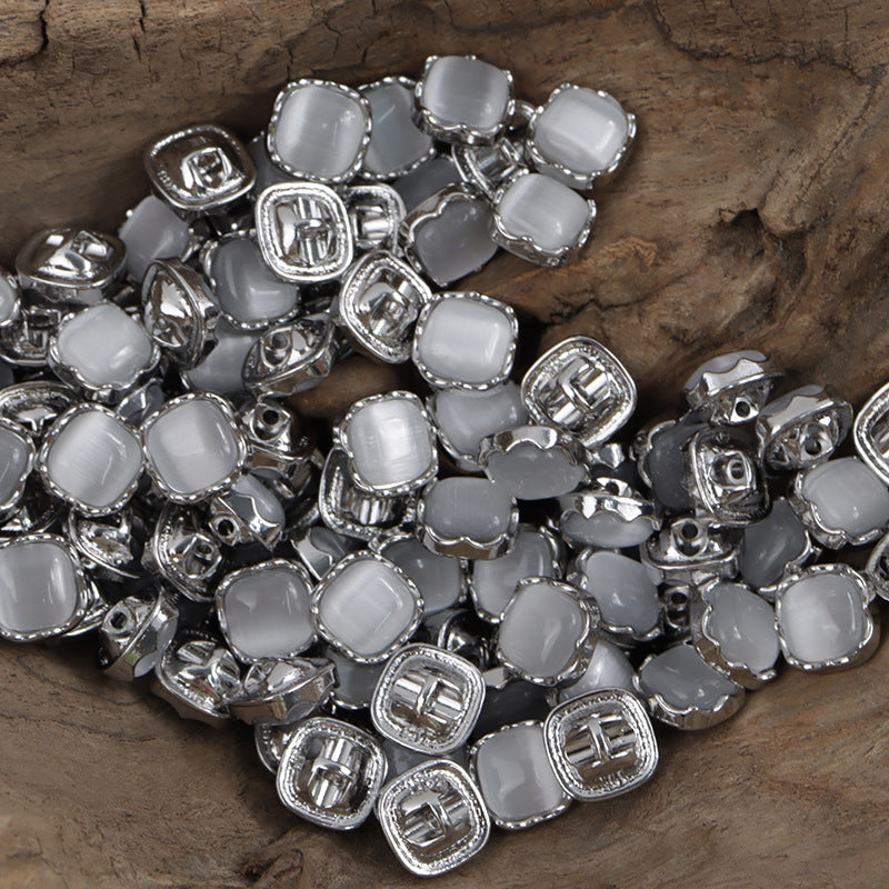 Light gray jade-colored metal shank buttons with silver square settings, 10mm