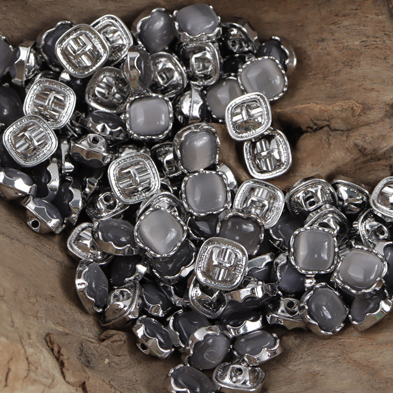 Dark gray jade-colored metal shank buttons with silver square frames, 10mm
