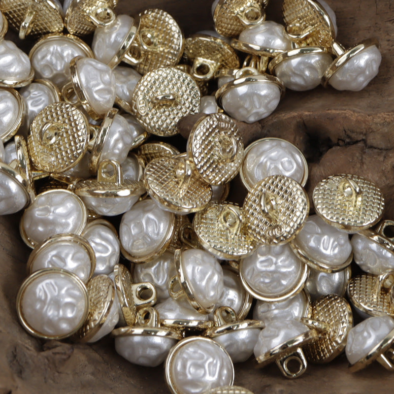Chinese-style metal base buttons with white/light pearl domes and gold-toned mesh backs (10 pcs)