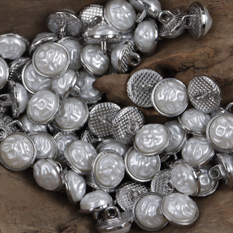 10pcs Chinese-style buttons with silver-tone domes and textured metal backs, embossed pattern
