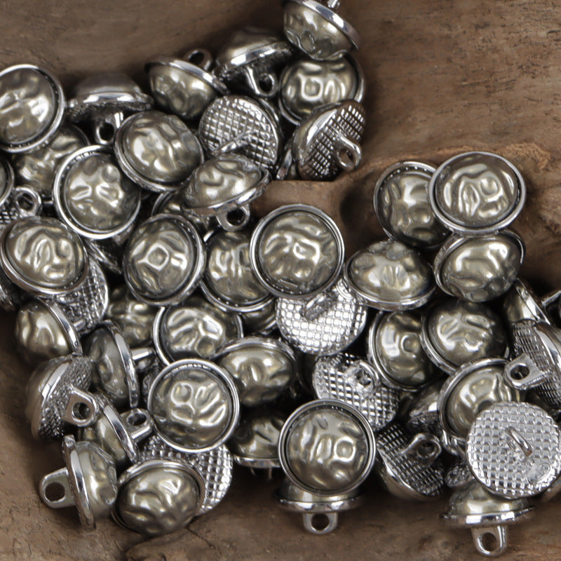 Chinese-style button set with silver-tone domes, round bases, and small loop shanks (10 pcs)