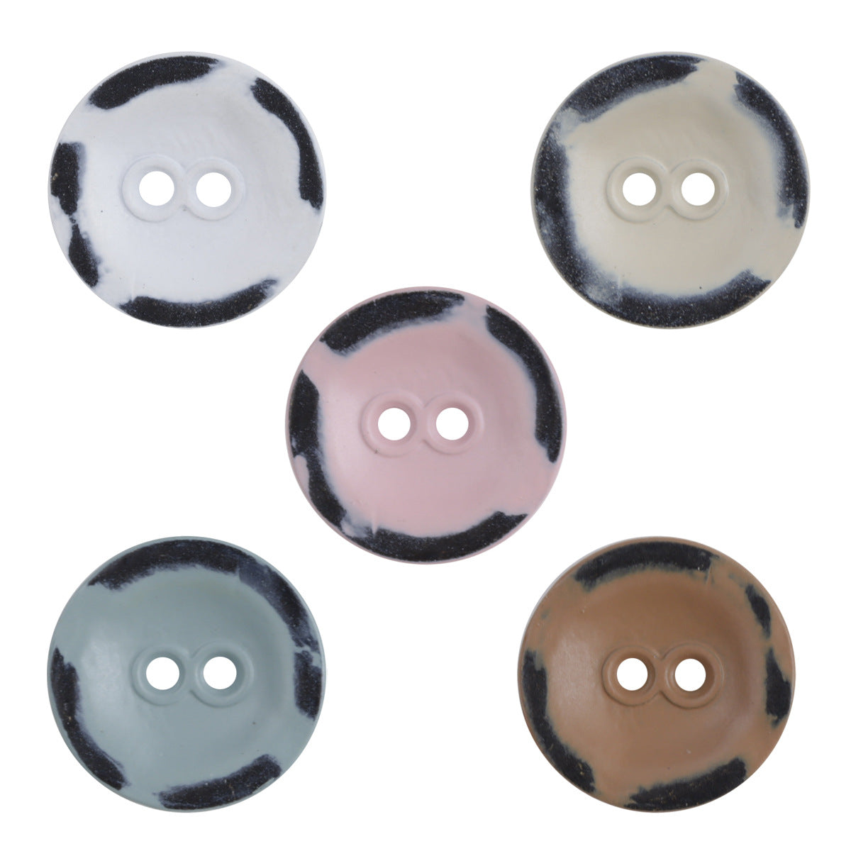 Two-hole metal buttons set: white, pink, light blue, beige, khaki with black speckle edges