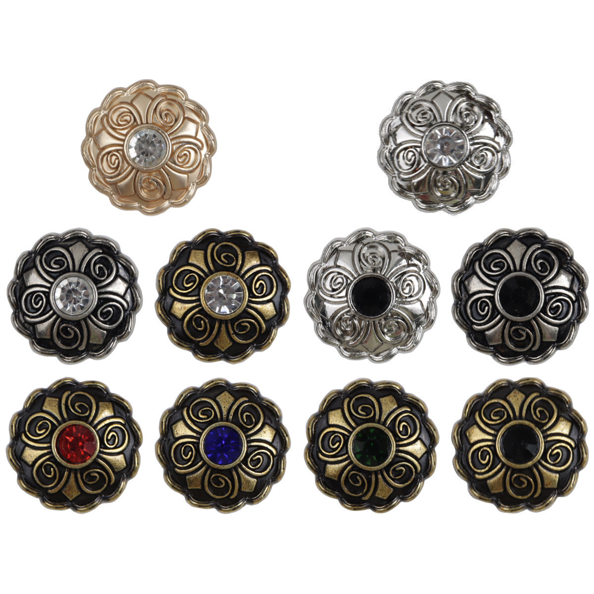 Antique diamond-studded coat metal buttons, 10-piece assortment with filigree