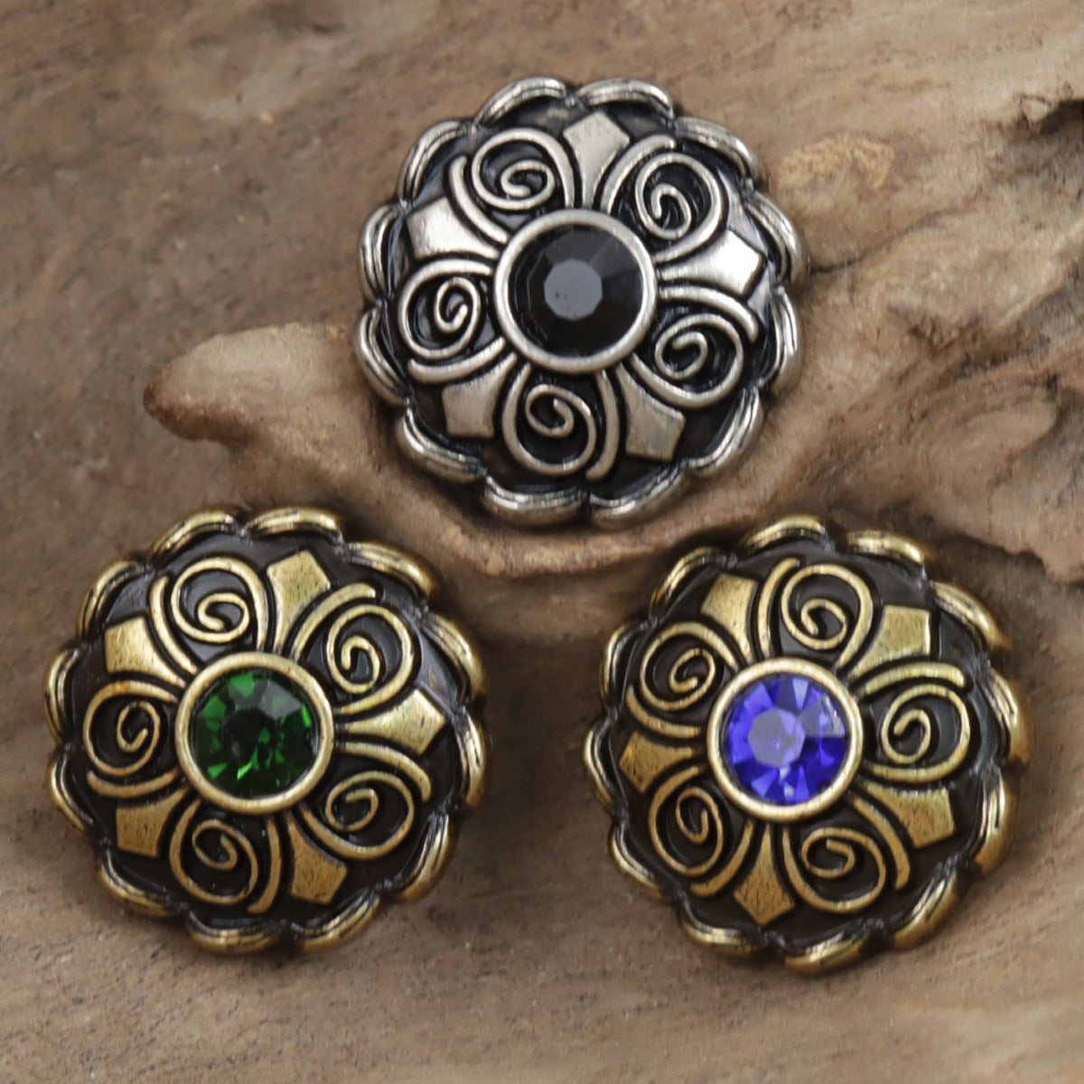 Antique coat buttons with green and blue center stones, gold and silver-tone filigree