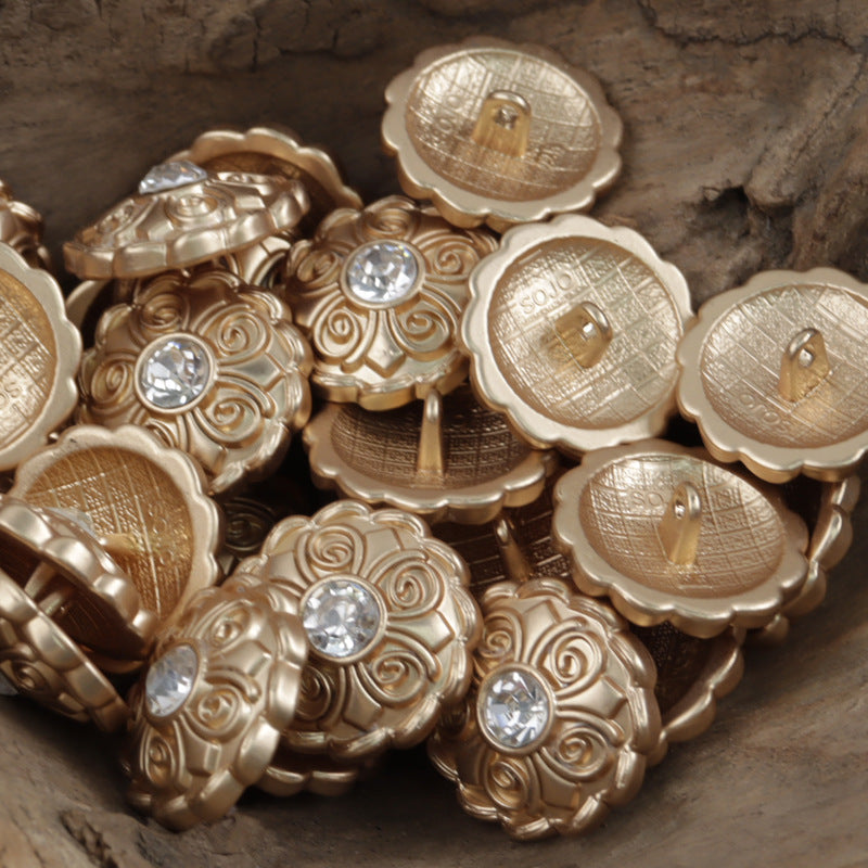 Antique coat buttons in gold and light metal finishes, back view with stem details