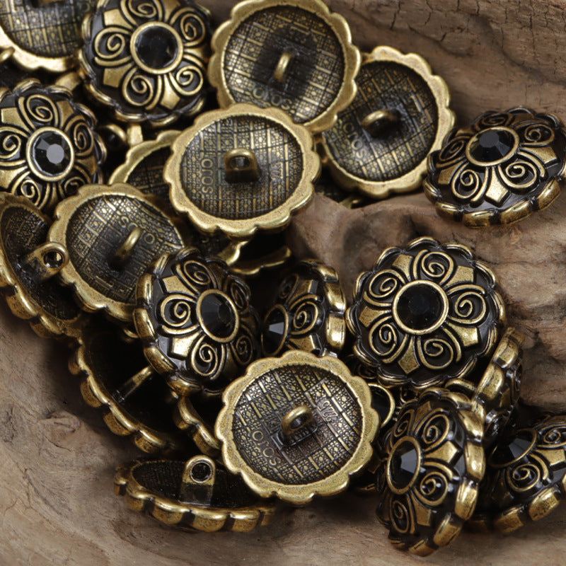 Antique coat buttons: gold filigree with black round stones