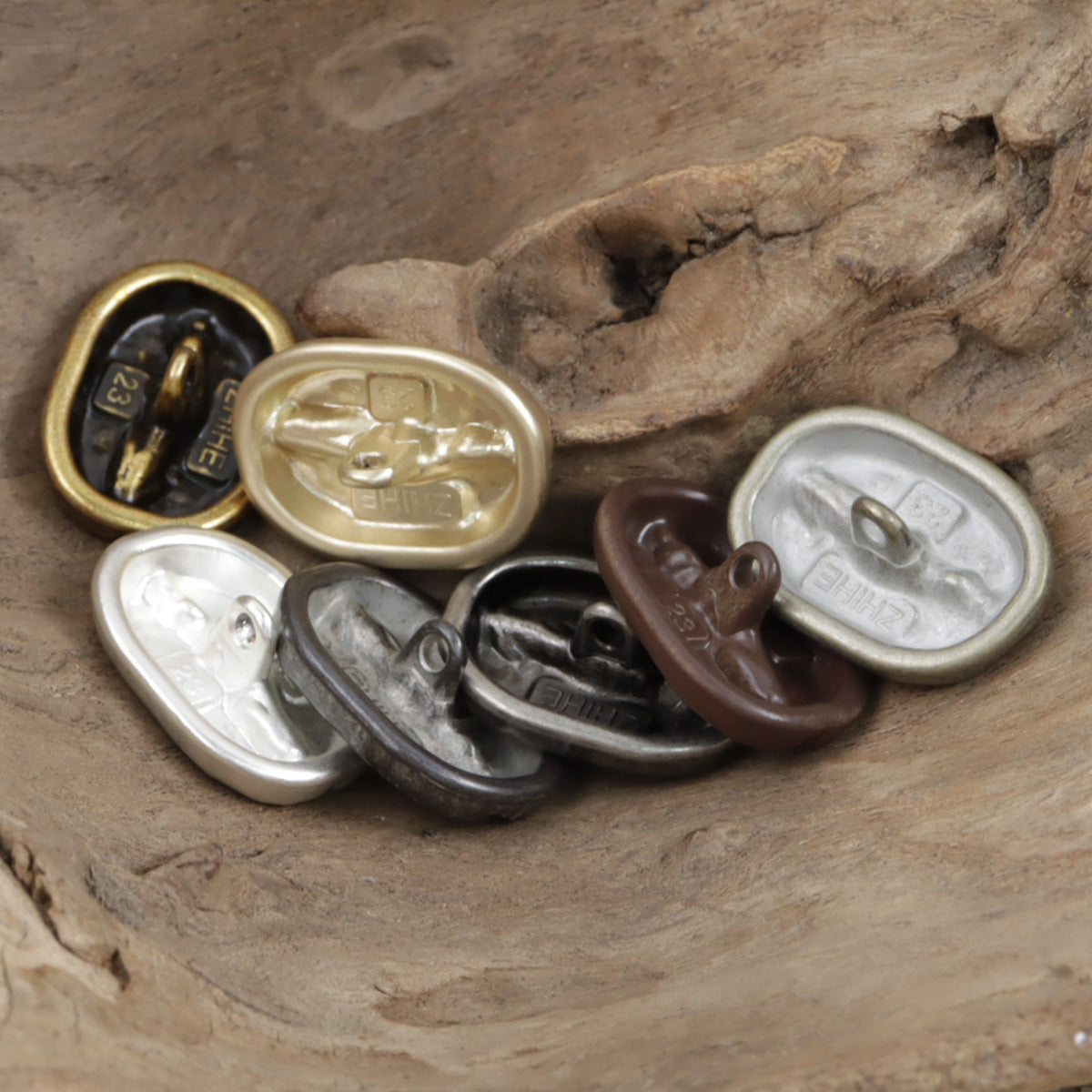Gold-toned distressed coffee bean metal buttons, oval design with loop backs (10 pcs)