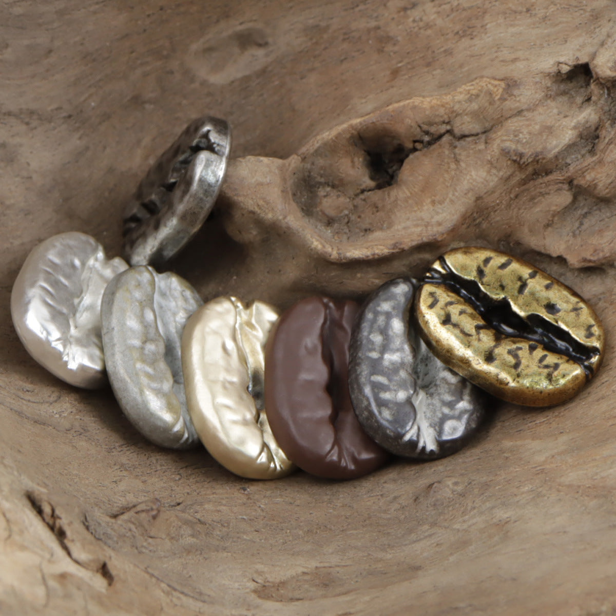 Mixed-toned distressed coffee bean metal buttons with loop backs, oval shapes (10 pcs)