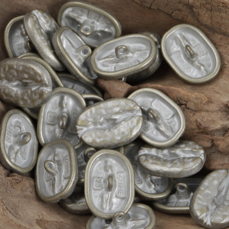 Tin-toned distressed coffee bean metal buttons, oval fronts with loop shanks (10 pcs)