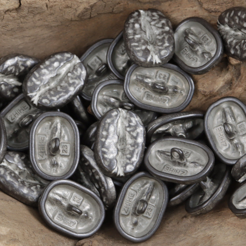 Dark silver-toned distressed coffee bean metal buttons, oval fronts with loop shanks (10 pcs)