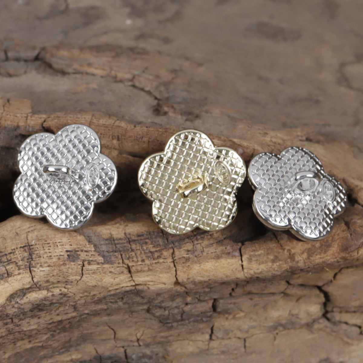 Flower resin metal buttons set: silver, gold-tone, and gray with shank backs