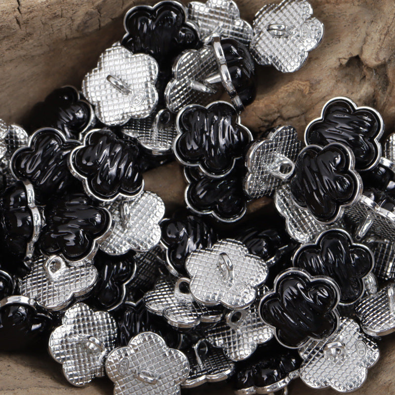Flower resin metal buttons mix: black and silver with loop shanks and textured frames