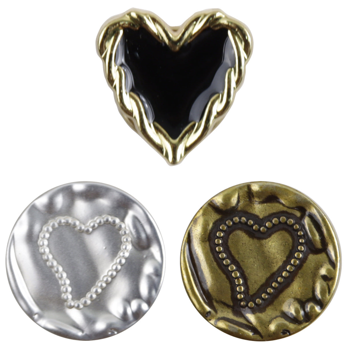 Heart-shaped metal coat buttons, black and gold, with shanks, 10pcs