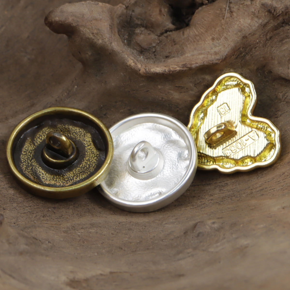 Love-shaped metal buttons with shanks, silver and bronze backs, 10pcs