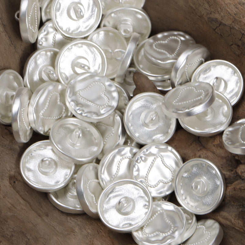 White-silver love-shaped metal coat buttons with shanks, domed heart fronts, 10pcs