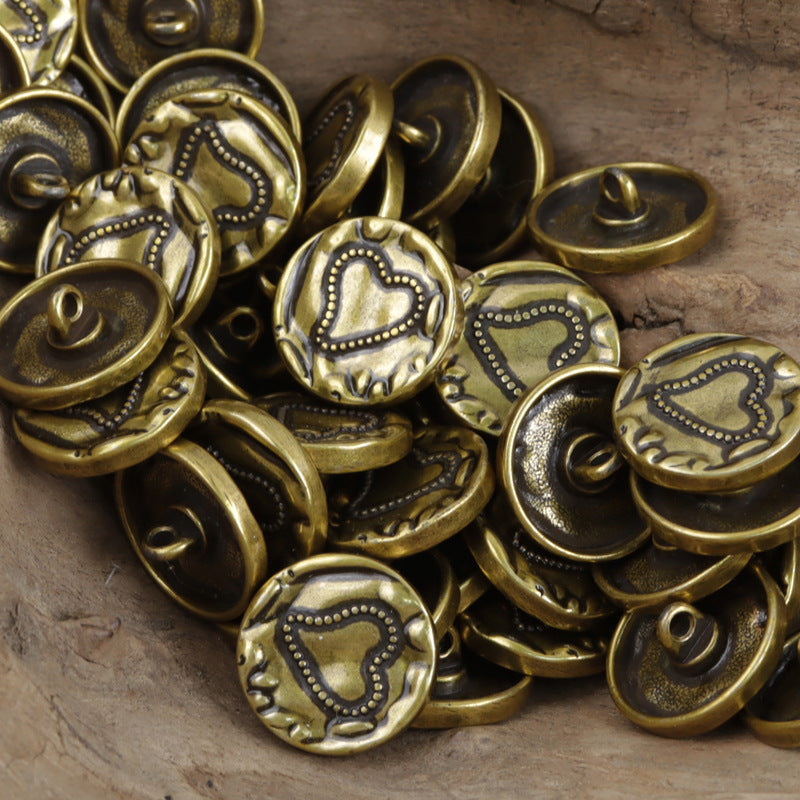 Bronze love-shaped metal coat buttons with shanks, stitched heart pattern, 10pcs