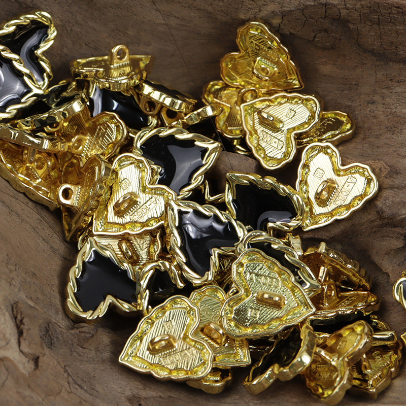 Black-gold love-shaped metal coat buttons with shanks, heart centers, 10pcs
