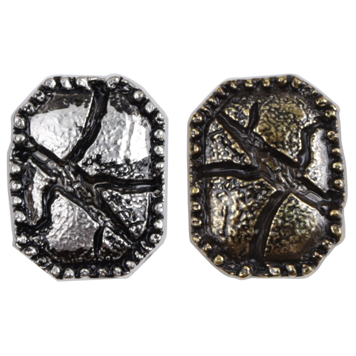 Distressed cracked metal buttons, antique silver with black lacquer, octagonal, 10pcs