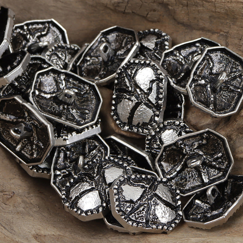 Octagonal metal buttons, antique silver with black lacquer, distressed cracked finish, 10pcs