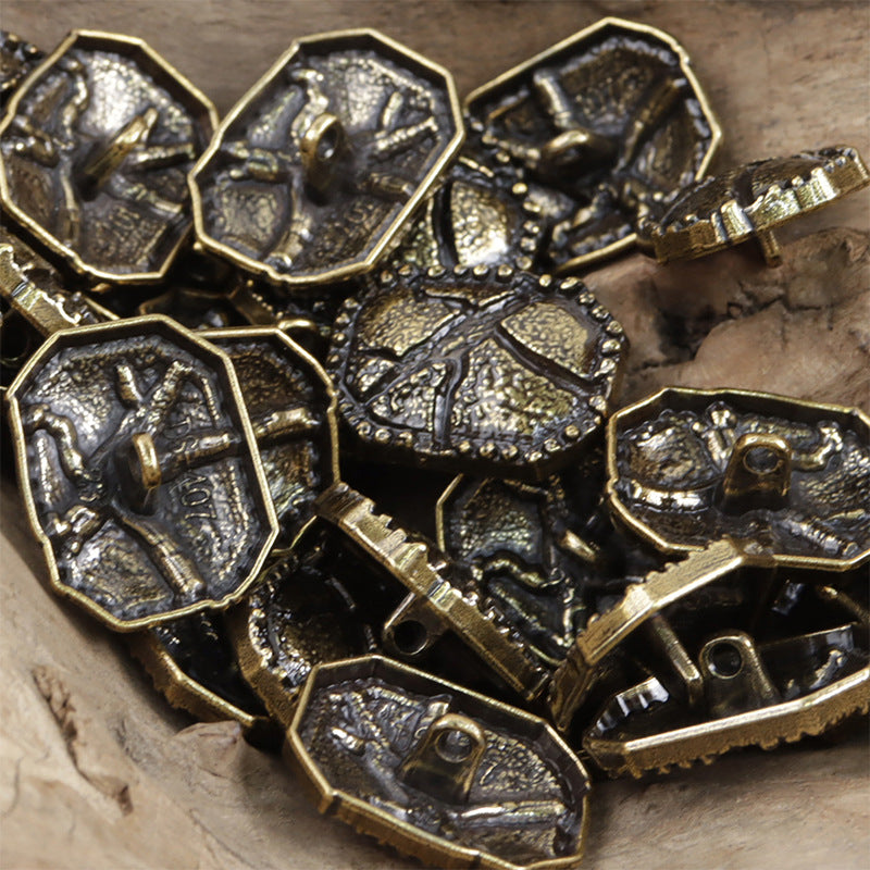 Mixed octagonal metal buttons: antique silver & antique bronze, black lacquer, 10pcs