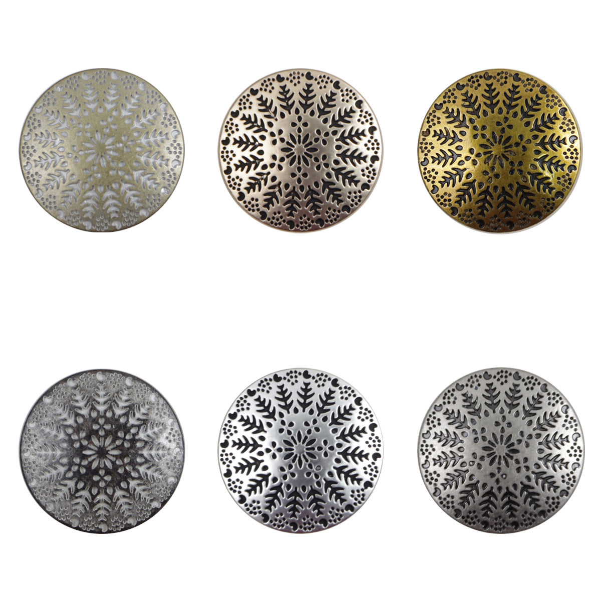 Runde Metallknöpfe mit symmetrischem kleinem Baum-Muster, Vorderseite (silber, gold, bronze, schwarz)