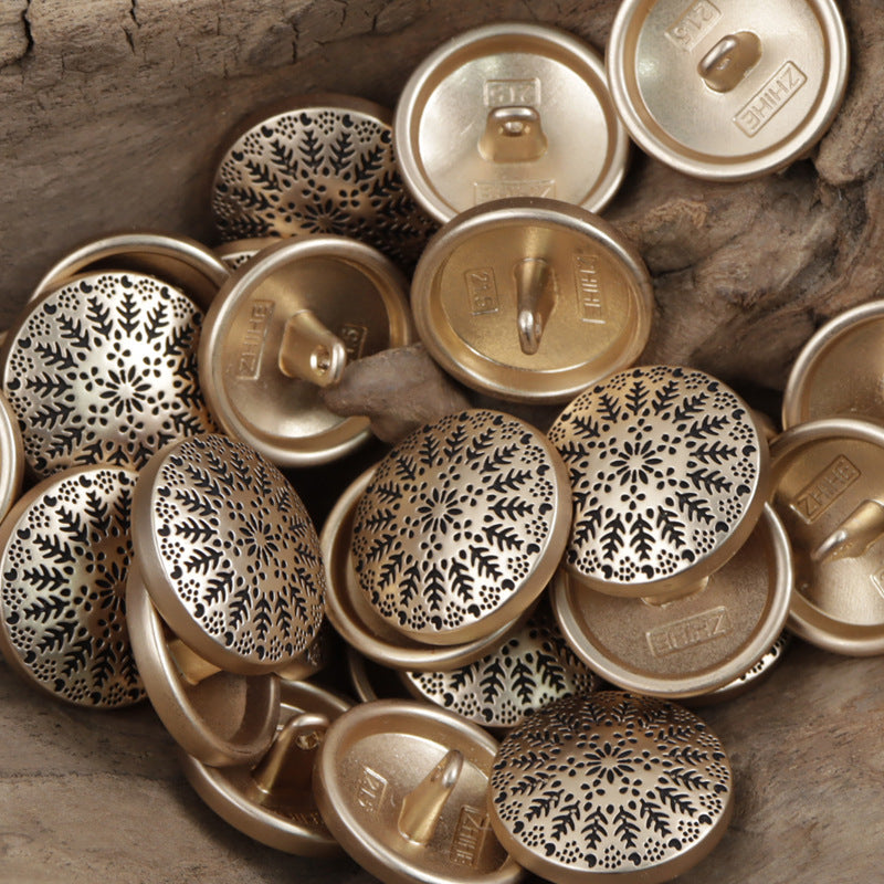 Paket runder Metallknöpfe, Vorderseiten mit Baum-Motiv in Gold- und Braun-Tönen