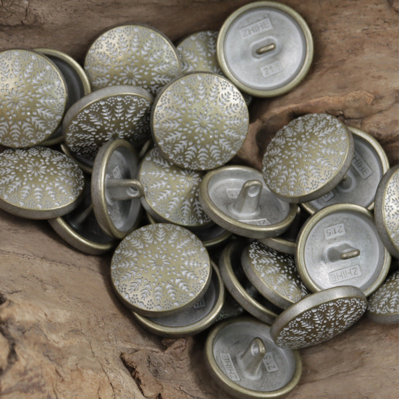 Runde Metallknöpfe mit symmetrischem kleinem Baum-Muster, Vorderseiten in Gold- und Zinnfarben