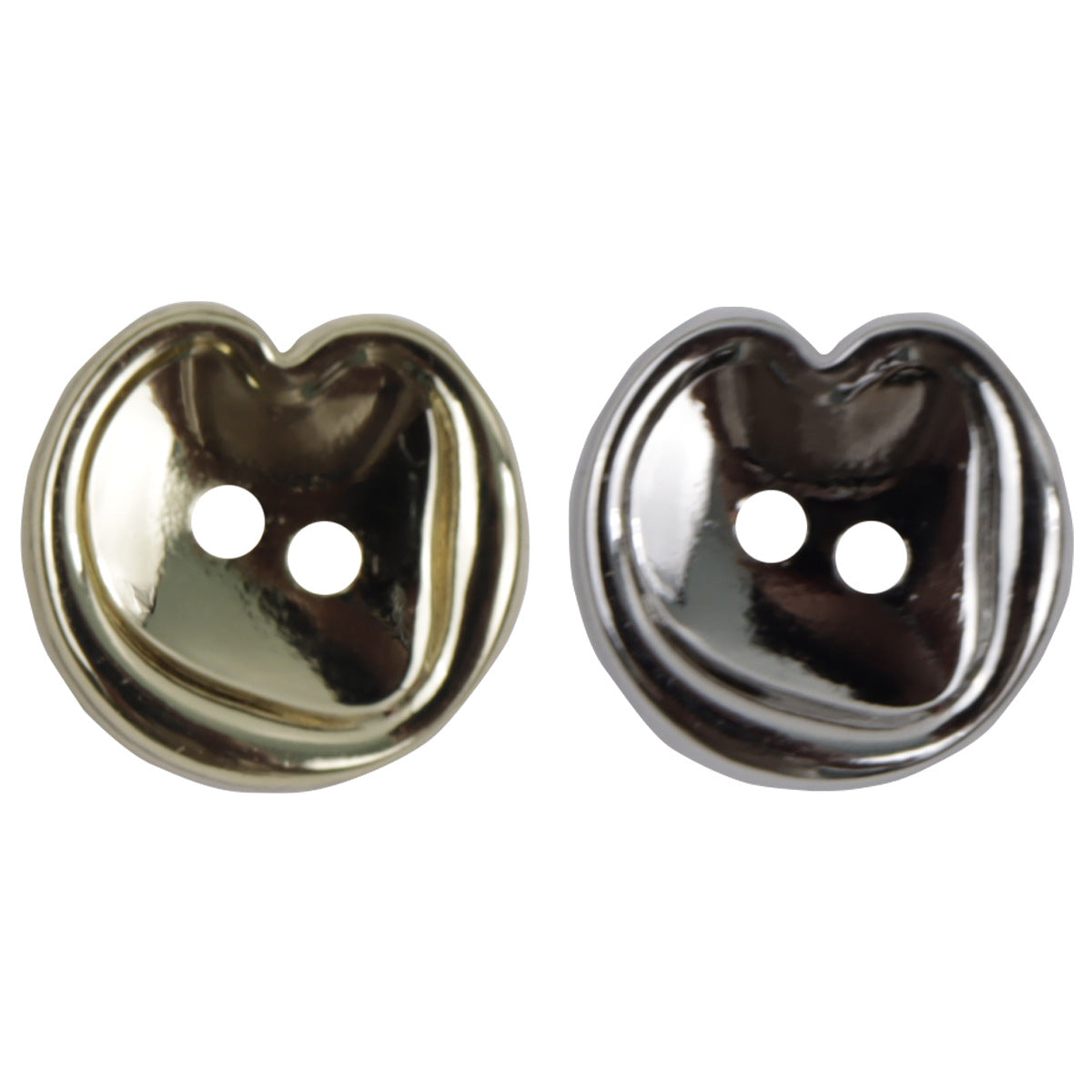 Peach-shaped metal buttons, two-hole gold and silver (pair close-up)
